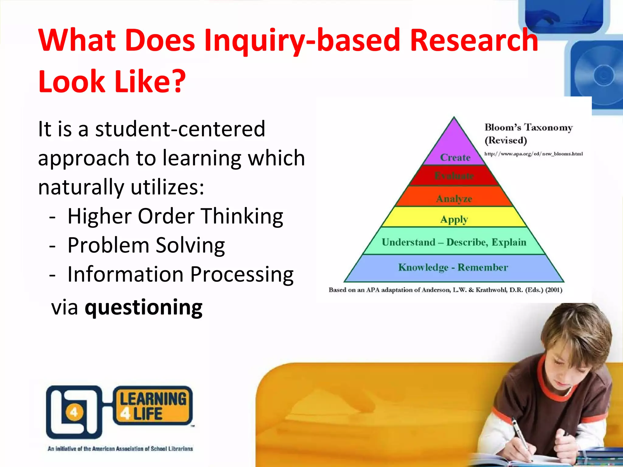 What Does Inquiry-based Research
Look Like?
It is a student-centered
approach to learning which
naturally utilizes:
- Higher Order Thinking
- Problem Solving
- Information Processing
via questioning
 