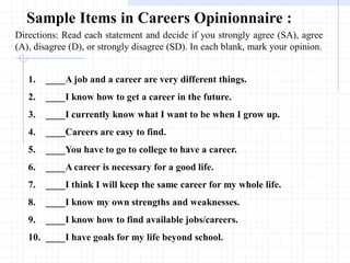 Sample Items in Careers Opinionnaire :
Directions: Read each statement and decide if you strongly agree (SA), agree
(A), disagree (D), or strongly disagree (SD). In each blank, mark your opinion.
1. ____A job and a career are very different things.
2. ____I know how to get a career in the future.
3. ____I currently know what I want to be when I grow up.
4. ____Careers are easy to find.
5. ____You have to go to college to have a career.
6. ____A career is necessary for a good life.
7. ____I think I will keep the same career for my whole life.
8. ____I know my own strengths and weaknesses.
9. ____I know how to find available jobs/careers.
10. ____I have goals for my life beyond school.
 