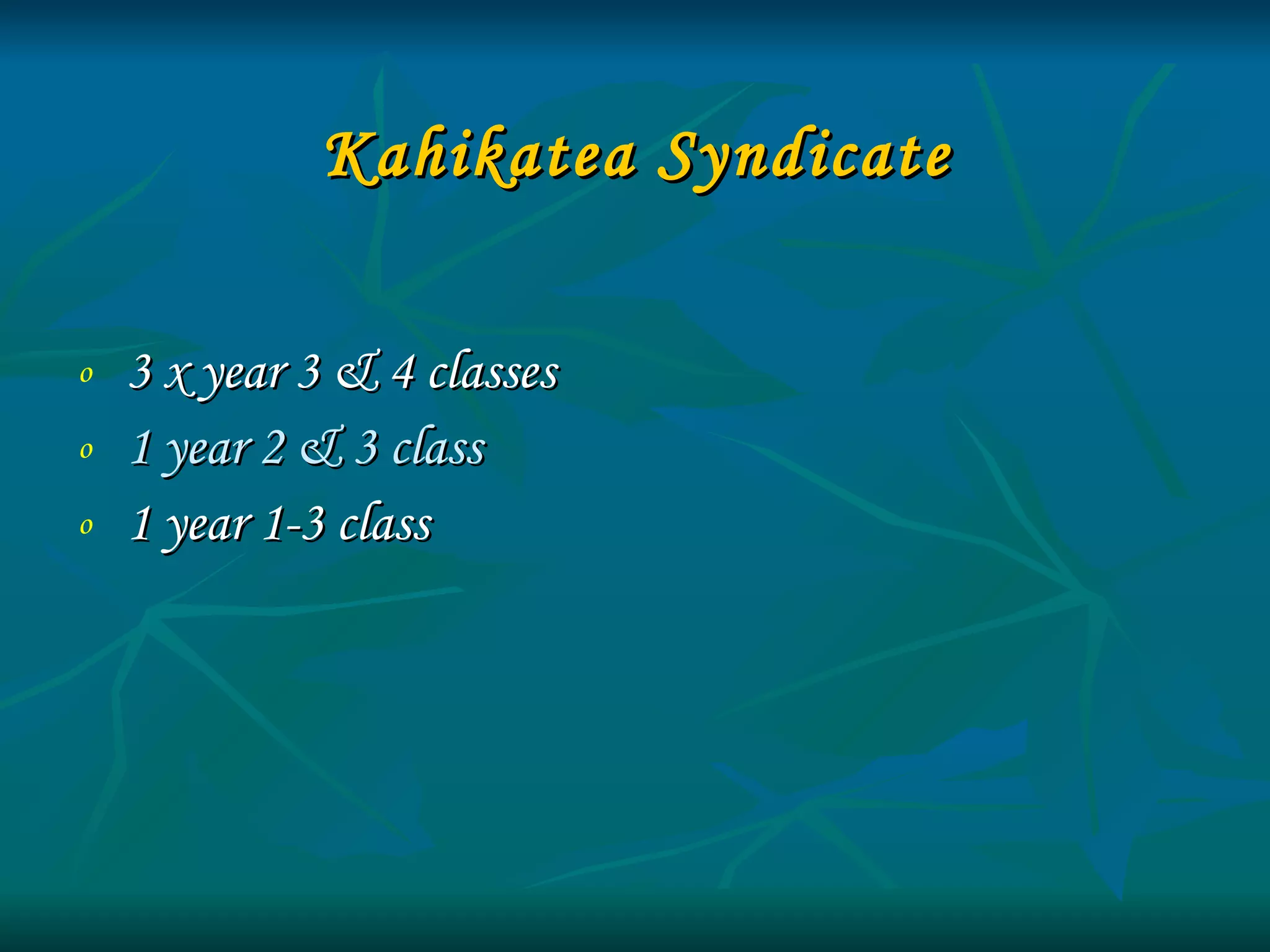 Kahikatea Syndicate   3 x year 3 & 4 classes 1 year 2 & 3 class 1 year 1-3 class 