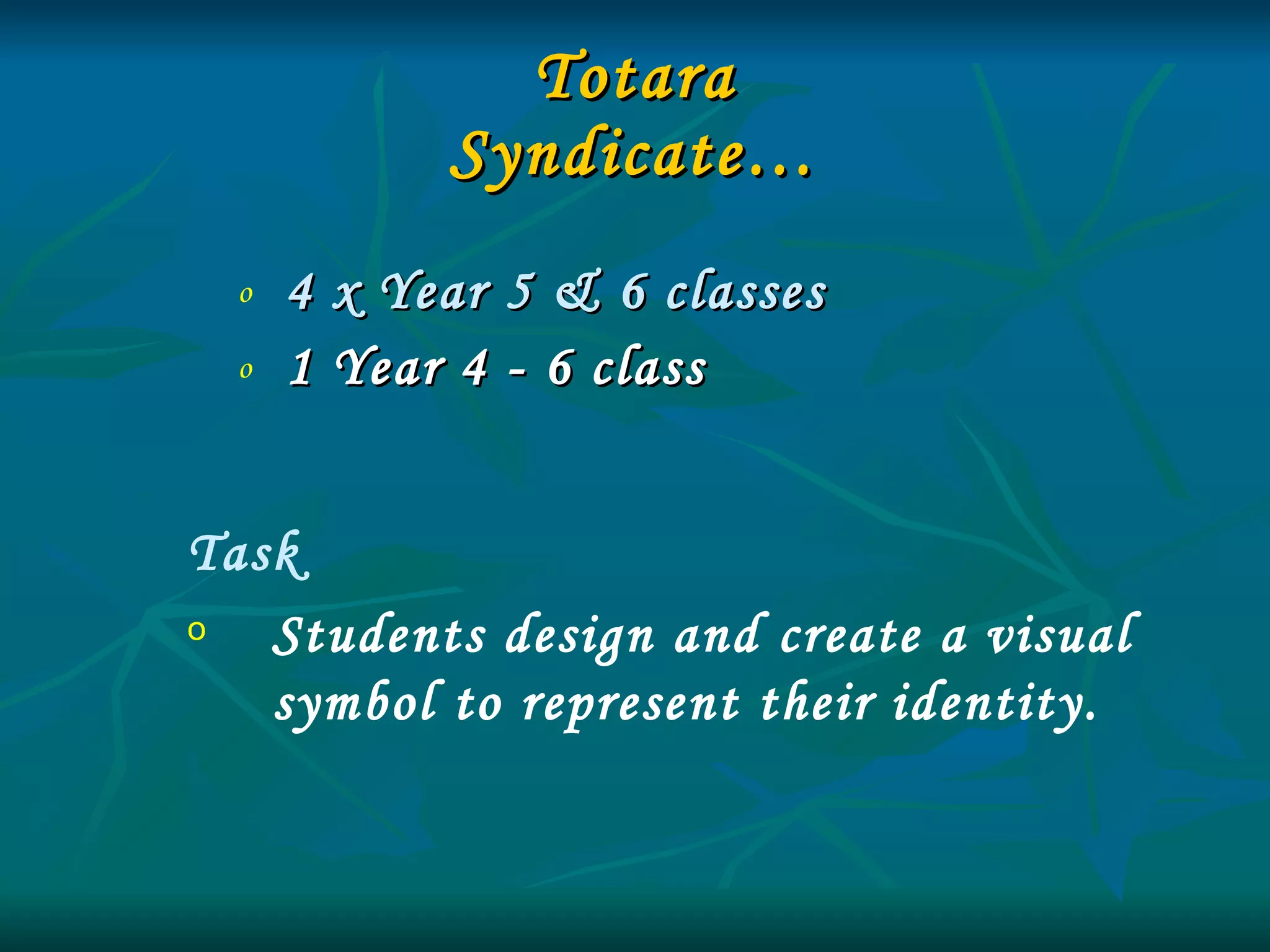 Totara Syndicate… 4 x Year 5 & 6 classes 1 Year 4 - 6 class Task Students design and create a visual symbol to represent their identity. 