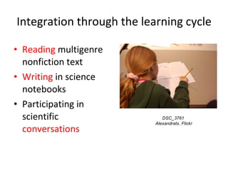 Integration through the learning cycle <ul><li>Reading  multigenre nonfiction text </li></ul><ul><li>Writing  in science n...
