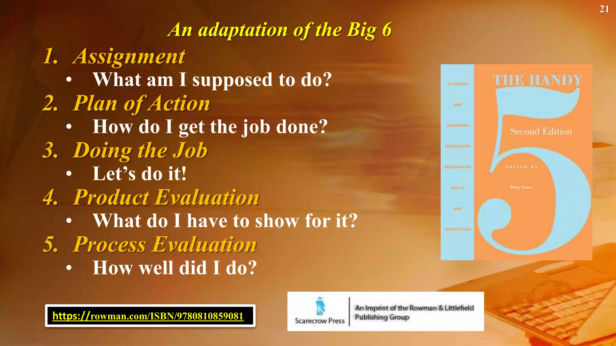 21
An adaptation of the Big 6
1. Assignment
• What am I supposed to do?
2. Plan of Action
• How do I get the job done?
3. Doing the Job
• Let’s do it!
4. Product Evaluation
• What do I have to show for it?
5. Process Evaluation
• How well did I do?
https://rowman.com/ISBN/9780810859081
 
