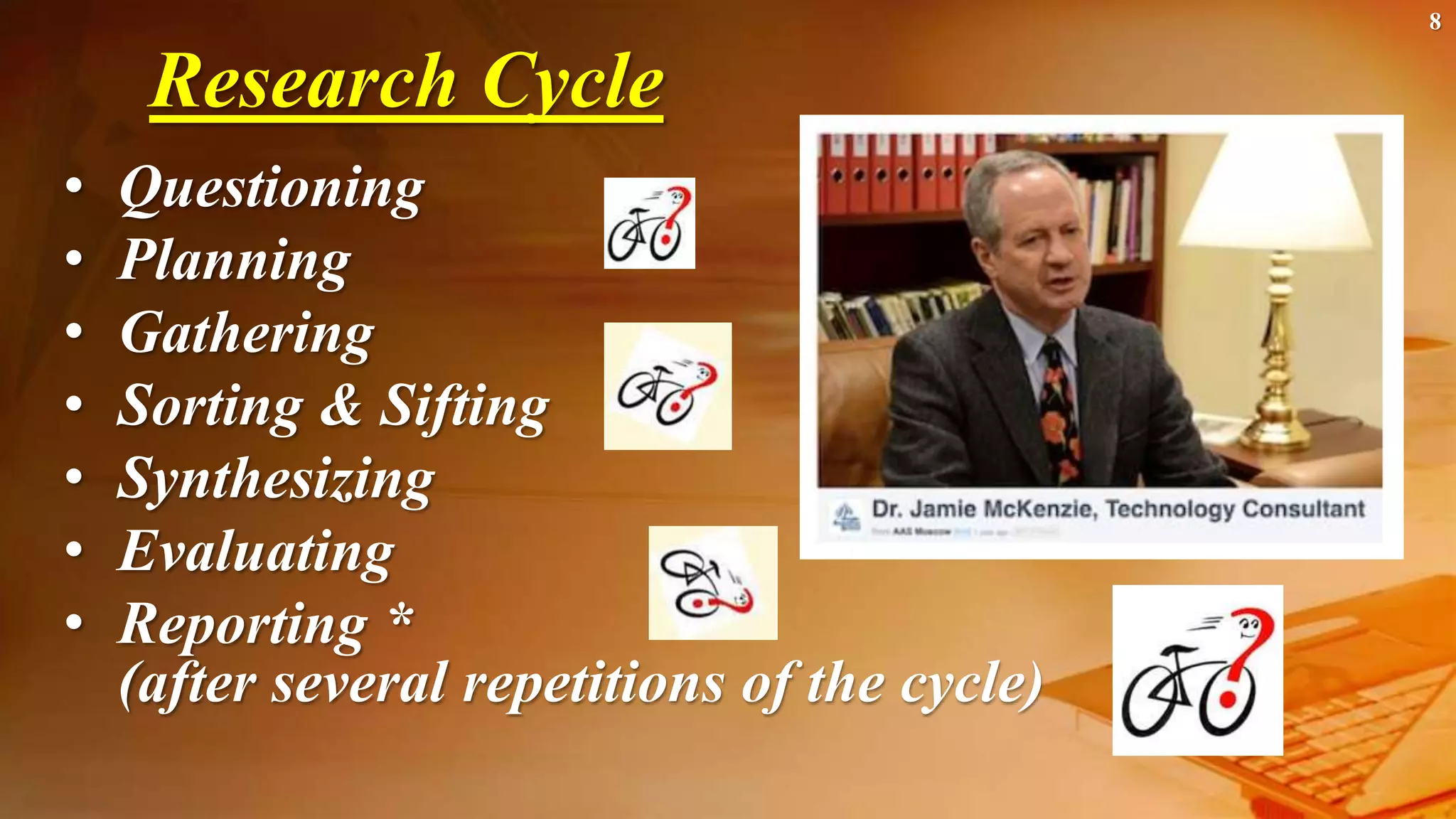 8
Research Cycle
• Questioning
• Planning
• Gathering
• Sorting & Sifting
• Synthesizing
• Evaluating
• Reporting *
(after several repetitions of the cycle)
 