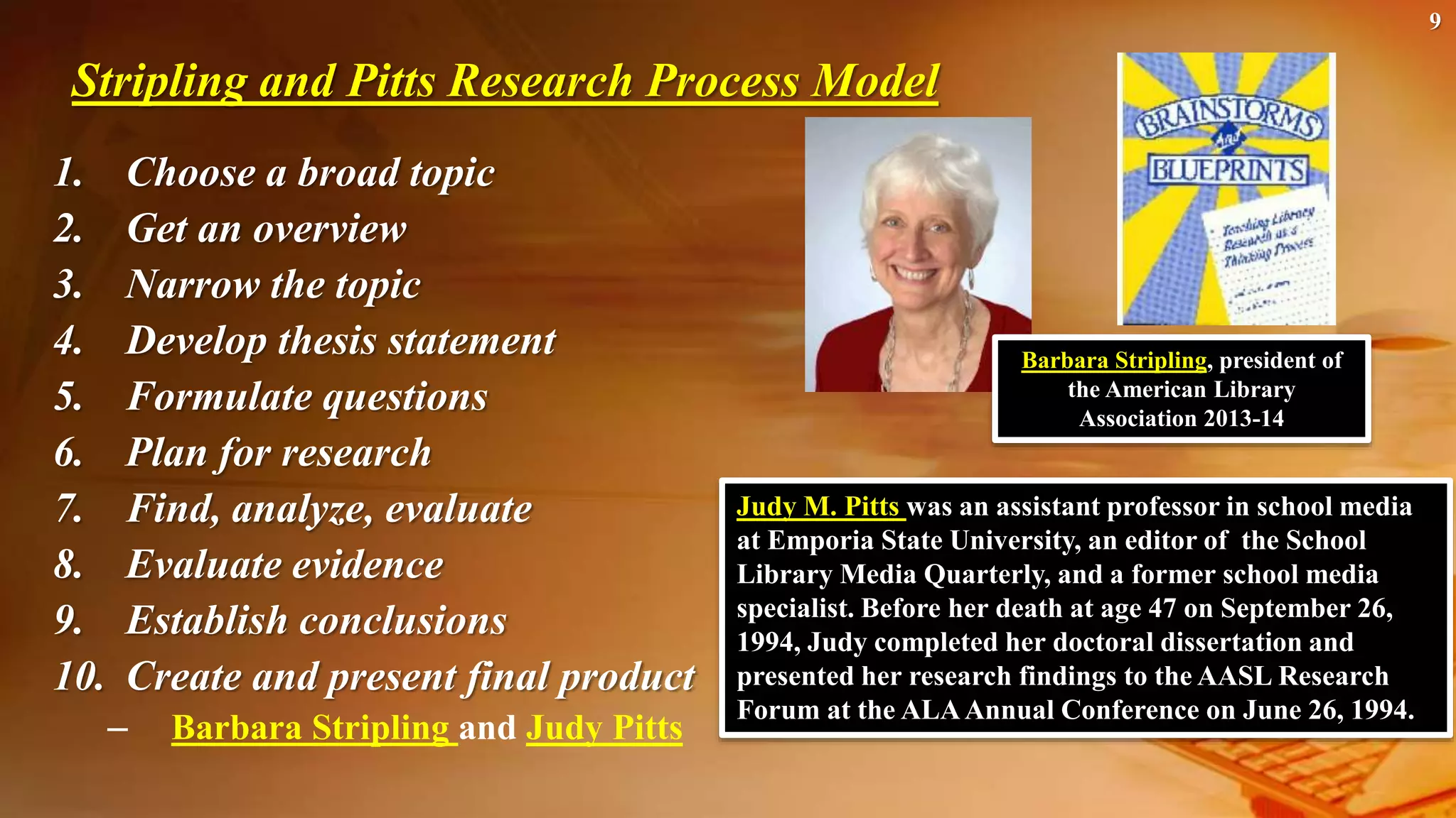1. Choose a broad topic
2. Get an overview
3. Narrow the topic
4. Develop thesis statement
5. Formulate questions
6. Plan for research
7. Find, analyze, evaluate
8. Evaluate evidence
9. Establish conclusions
10. Create and present final product
– Barbara Stripling and Judy Pitts
9
Stripling and Pitts Research Process Model
Judy M. Pitts was an assistant professor in school media
at Emporia State University, an editor of the School
Library Media Quarterly, and a former school media
specialist. Before her death at age 47 on September 26,
1994, Judy completed her doctoral dissertation and
presented her research findings to the AASL Research
Forum at the ALAAnnual Conference on June 26, 1994.
Barbara Stripling, president of
the American Library
Association 2013-14
 