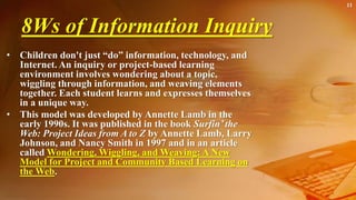 8Ws of Information Inquiry
• Children don't just “do” information, technology, and
Internet. An inquiry or project-based learning
environment involves wondering about a topic,
wiggling through information, and weaving elements
together. Each student learns and expresses themselves
in a unique way.
• This model was developed by Annette Lamb in the
early 1990s. It was published in the book Surfin’ the
Web: Project Ideas from A to Z by Annette Lamb, Larry
Johnson, and Nancy Smith in 1997 and in an article
called Wondering, Wiggling, and Weaving: A New
Model for Project and Community Based Learning on
the Web.
11
 