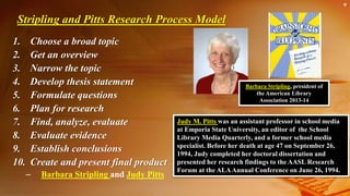 1. Choose a broad topic
2. Get an overview
3. Narrow the topic
4. Develop thesis statement
5. Formulate questions
6. Plan for research
7. Find, analyze, evaluate
8. Evaluate evidence
9. Establish conclusions
10. Create and present final product
– Barbara Stripling and Judy Pitts
9
Stripling and Pitts Research Process Model
Judy M. Pitts was an assistant professor in school media
at Emporia State University, an editor of the School
Library Media Quarterly, and a former school media
specialist. Before her death at age 47 on September 26,
1994, Judy completed her doctoral dissertation and
presented her research findings to the AASL Research
Forum at the ALAAnnual Conference on June 26, 1994.
Barbara Stripling, president of
the American Library
Association 2013-14
 