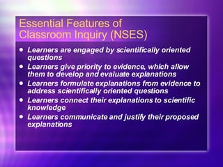 Essential Features of  Classroom Inquiry (NSES) Learners are engaged by scientifically oriented questions Learners give priority to evidence, which allow them to develop and evaluate explanations Learners formulate explanations from evidence to address scientifically oriented questions Learners connect their explanations to scientific knowledge Learners communicate and justify their proposed explanations 