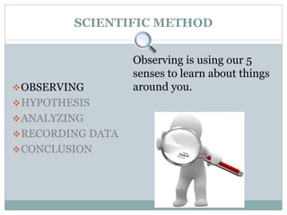 SCIENTIFIC METHOD
OBSERVING
HYPOTHESIS
ANALYZING
RECORDING DATA
CONCLUSION
Observing is using our 5
senses to learn about things
around you.