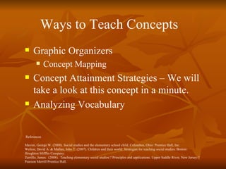 Ways to Teach Concepts Graphic Organizers Concept Mapping Concept Attainment Strategies – We will take a look at this concept in a minute. Analyzing Vocabulary References Maxim, George W. (2008). Social studies and the elementary school child. Columbus, Ohio: Prentice Hall, Inc. Welton, David A. & Mallan, John T. (2007). Children and their world: Strategies for teaching social studies. Boston: Houghton Mifflin Company. Zarrillo, James.  (2008).  Teaching elementary social studies:? Principles and applications. Upper Saddle River, New Jersey:? Pearson Merrill Prentice Hall. 