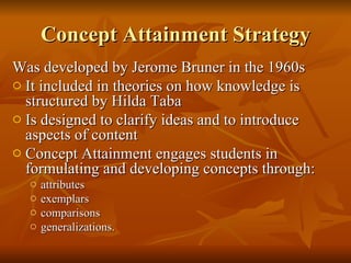 Concept Attainment Strategy Was developed by Jerome Bruner in the 1960s  It included in theories on how knowledge is structured by Hilda Taba   Is designed to clarify ideas and to introduce aspects of content Concept Attainment engages students in formulating and developing concepts through:  attributes  exemplars  comparisons  generalizations.  