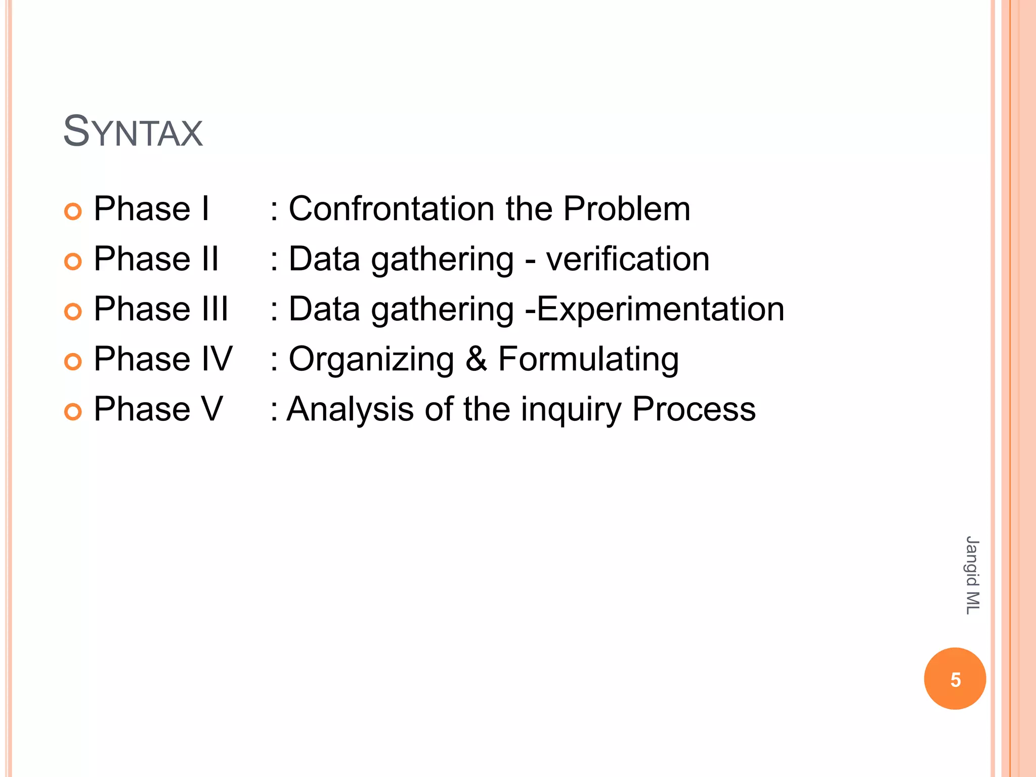 SYNTAX
 Phase I     : Confrontation the Problem
 Phase II    : Data gathering - verification
 Phase III   : Data gathering -Experimentation
 Phase IV    : Organizing & Formulating
 Phase V     : Analysis of the inquiry Process




                                                      Jangid ML
                                                  5
 