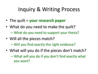 Inquiry & Writing Process
• The quilt = your research paper
• What do you need to make the quilt?
– What do you need to support your thesis?
• Will all the pieces match?
– Will you find exactly the right evidence?
• What will you do if the pieces don’t match?
– What will you do if you don’t find exactly what
you want?
 