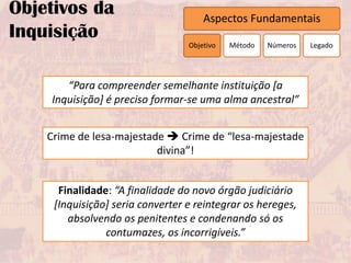Objetivos da                          Aspectos Fundamentais
Inquisição
                                  Objetivo   Método   Números   Legado




       “Para compreender semelhante instituição [a
    Inquisição] é preciso formar-se uma alma ancestral”


    Crime de lesa-majestade  Crime de “lesa-majestade
                          divina”!


      Finalidade: “A finalidade do novo órgão judiciário
     [Inquisição] seria converter e reintegrar os hereges,
        absolvendo os penitentes e condenando só os
                contumazes, os incorrigíveis.”
 