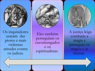 Os inquisidores
usaram das
piores e mais
violentas
atitudes contra
os judeus.
Eles também
perseguiam os
excomungados
e os
espiritualistas.
A justiça leiga
combatia a
magia e
perseguia os
magos e as
bruxas.
 