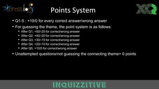 • Q1-5 : +10/0 for every correct answer/wrong answer
• For guessing the theme, the point system is as follows:
• After Q1, +50/-25 for correct/wrong answer
• After Q2, +40/-20 for correct/wrong answer
• After Q3, +30/-15 for correct/wrong answer
• After Q4, +20/-10 for correct/wrong answer
• After Q5, +10/0 for correct/wrong answer
• Unattempted questions/not guessing the connecting theme= 0 points
Points System
 