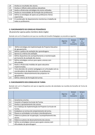 1.8    Analisa os resultados dos alunos.
1.9    Analisa e reflecte sobre práticas educativas.
1.10   Avalia a eficácia das estratégias de ensino utilizadas.
1.11   Analisa as necessidades de formação dos professores.
1.12   Define as estratégias de apoio aos professores menos
       experientes.
1.13   O coordenador de departamento monitoriza o trabalho de
       todos os professores.



2. FUNCIONAMENTO DO CONSELHO PEDAGÓGICO
(A preencher apenas pelos membros deste órgão)
Assinale com um X a frequência com que nas reuniões do Conselho Pedagógico se procede ao seguinte:
                                                                                                      Sempre
                                                                                          Sempre
                                                                            Algumas                     ou
                                                                                            que
                                                                             vezes                     quase
                                                                                         necessário
                                                                                                      sempre
2.1     Define estratégias de implementação do Projecto Educativo
       do agrupamento.
2.2    Define a política de avaliação das aprendizagens.
2.3    Aprova os critérios de avaliação.
2.4    Define dispositivos de acompanhamento e monitorização
       permanente da avaliação dos alunos.
2.5    Define estratégias comuns para apoio a alunos com
       dificuldades.
2.6    Avalia a eficácia das medidas de apoio educativo
       implementadas.
2.7    Toma decisões de carácter pedagógico em articulação com os
       coordenadores de departamento e os professores.
2.8    Acompanha o desenvolvimento dos projectos no
       agrupamento.
2.9    Define critérios de formação de turmas.

3. FUNCIONAMENTO DOS CONSELHOS DE TURMA

Assinale com um X a frequência com que os seguintes assuntos são abordadas nas reuniões do Conselho de Turma de
que é membro.

                                                                                          Sempre      Sempre
                                                                            Algumas         que         ou
                                                                             vezes       necessário    quase
                                                                                                      sempre
3.1    Caracteriza a turma.
3.2    Constrói o Projecto Curricular de Turma.
3.3    Analisa o aproveitamento dos alunos.
3.4    Faz o balanço da implementação do Projecto Curricular de
       Turma.
3.5    Estabelece as normas de comportamento da turma.
3.6    Planeia as actividades curriculares interdisciplinares.
3.7    Elabora os planos de recuperação / acompanhamento dos
       alunos.
3.8    Elabora os planos de desenvolvimento dos alunos.
3.9    Define as estratégias comuns para apoio a alunos com
       dificuldades de aprendizagem.
 