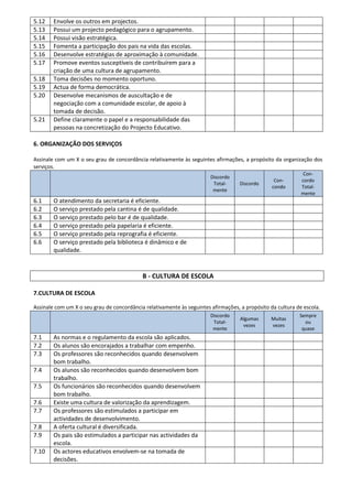 5.12    Envolve os outros em projectos.
5.13    Possui um projecto pedagógico para o agrupamento.
5.14    Possui visão estratégica.
5.15    Fomenta a participação dos pais na vida das escolas.
5.16    Desenvolve estratégias de aproximação à comunidade.
5.17    Promove eventos susceptíveis de contribuírem para a
        criação de uma cultura de agrupamento.
5.18    Toma decisões no momento oportuno.
5.19    Actua de forma democrática.
5.20    Desenvolve mecanismos de auscultação e de
        negociação com a comunidade escolar, de apoio à
        tomada de decisão.
5.21    Define claramente o papel e a responsabilidade das
        pessoas na concretização do Projecto Educativo.

6. ORGANIZAÇÃO DOS SERVIÇOS

Assinale com um X o seu grau de concordância relativamente às seguintes afirmações, a propósito da organização dos
serviços.
                                                                                                              Con-
                                                                        Discordo
                                                                                                  Con-       cordo
                                                                         Total-     Discordo
                                                                                                 condo       Total-
                                                                         mente
                                                                                                             mente
6.1     O atendimento da secretaria é eficiente.
6.2     O serviço prestado pela cantina é de qualidade.
6.3     O serviço prestado pelo bar é de qualidade.
6.4     O serviço prestado pela papelaria é eficiente.
6.5     O serviço prestado pela reprografia é eficiente.
6.6     O serviço prestado pela biblioteca é dinâmico e de
        qualidade.



                                            B - CULTURA DE ESCOLA

7.CULTURA DE ESCOLA

Assinale com um X o seu grau de concordância relativamente às seguintes afirmações, a propósito da cultura de escola.
                                                                        Discordo                            Sempre
                                                                                    Algumas      Muitas
                                                                         Total-                               ou
                                                                                     vezes       vezes
                                                                         mente                               quase
7.1     As normas e o regulamento da escola são aplicados.
7.2     Os alunos são encorajados a trabalhar com empenho.
7.3     Os professores são reconhecidos quando desenvolvem
        bom trabalho.
7.4     Os alunos são reconhecidos quando desenvolvem bom
        trabalho.
7.5     Os funcionários são reconhecidos quando desenvolvem
        bom trabalho.
7.6     Existe uma cultura de valorização da aprendizagem.
7.7     Os professores são estimulados a participar em
        actividades de desenvolvimento.
7.8     A oferta cultural é diversificada.
7.9     Os pais são estimulados a participar nas actividades da
        escola.
7.10    Os actores educativos envolvem-se na tomada de
        decisões.
 
