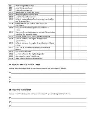 10.7     Desmotivação dos alunos.
10.8     Absentismo dos alunos.
10.9     Indisciplina dos alunos.
10.10    Má preparação prévia dos alunos.
10.11    Desmotivação dos funcionários.
10.12    Absentismo dos funcionários.
10.13    Falta de preparação dos funcionários para as funções
         que desempenham.
10.14    Conflitos entre funcionários e/ou grupos de
         funcionários.
10.15    Fraco envolvimento dos pais nas actividades da
         escola.
10.16    Fraco envolvimento dos pais no acompanhamento dos
         trabalhos dos seus educandos.
10.17    Falta de interacção da escola com a comunidade.
10.18    Falta de liderança dos órgãos de direcção do
         agrupamento.
10.19    Falta de liderança dos órgãos de gestão intermédia da
         escola.
10.20    Participação limitada no processo de tomada de
         decisão.
10.21    Recursos insuficientes.
10.22    Apoio insuficiente dos órgãos de gestão.
10.23    Ofertas de formação insuficiente.
10.24    Meio sócio-económico desfavorecido.


11. ASPECTOS MAIS POSITIVOS DA ESCOLA

Indique, por ordem decrescente, os três aspectos da escola que considera mais positivos.

1º ______________________________________________________________________________

2º ______________________________________________________________________________
l
3º ______________________________________________________________________________



12. SUGESTÕES DE MELHORIA

Indique, por ordem decrescente, os três aspectos da escola que considera prioritário melhorar.

1º ______________________________________________________________________________________

2º _______________________________________________________________________________________________

3º ______________________________________________________________________________________
 