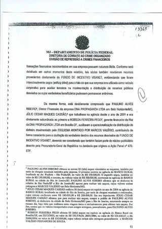 )
I
)
)
I
)
)
,
)
)
)
)
)
,
)
)
)
)
)
)
)
)
)
)
)
)
)
I
)
)
I
,
)
)
)
)
)
,
,
I
)
)
)
aMJ - DEPARTAMENTO DE POLicJA FEDERAL
DlRETORIA DE COMBATE AO CRIME ORGANIZADO
DIVfSAo DE REPRESSAO A CRIMES FINANCEJROS
tran8a~5es financeiras movimenlados em sua empresa possuem natureza iIIella.Conforme sera
detalhado em oulros momentos deste relat6rio, !;Jis welas lambem reC€beram reCUfSOS
provenienles diretamente do FUNDO DEINCENTIVO VISANET, evideociando que Imam
in!encionalmente cegos (willfuly Mnd) para 0 lato de que SlJ3empresa era utilizada como veiculo
corporalivo para auxiliar terceiros na movimenla~il.o e distribu[~iIo de recursos publico5 ~
desviados ou cujos verdadeiros beneficiarios pudesoom permanecer ani'mimos.
•
Da masma forma, esta devidamen!e comprovado que PAULINO ALVES
RIBEIRO', Direlor Financeiro da emprnsa DNA PROPAGANDA lTOA emBelo HorizontelMG,
JOLIO CESAR MAQUES CAssAo,6 que trobalhava na agencia desde 0 ano de 2001 e era
diretamente subordinado 00 primeiro e ROBSON FERREIRA PEGOl, gerente fin~nceiro da filial
da DNA PROPAGANDA LTDAem Brasllia-DF, auxmavam aoperacJonalizao;iIo da distribui~ao do
dinheiro movimentado pelo ESQUEMA MONTADO paR MARCOS VALERIO, contribuindo de
forma cansciente para aacutla~o doverdadeiro destino dm;recursos desviaOOs do FUNDO DE
INCENTIVO VISANET, devendo ser consideradoque tambem faziam parte donude! publiGiUlrio
descrito pela Procuradoria-Geral da Republica na. denuoc!a que origioou a A~ao Penal n" 470·
STF.
i
'PAUUNO ALVES RIBEIRO·ofotilO""O mono, 03 (trC.) '"quo. vinculados '0 esquema, tambem por
mojo eo cheques nomioa;s em;lldos rcla empr"", .. 0 primo;", ocorreu 0' .geod. do BANCO RURAL
localizada o. Av. Pauli,tit _ Sao Paulo/SP. no volar de R$ 150.000,00. 0 segundo '"quo, larDMm no
v.lor de R$ 150.UQU,00, e Itrcciro, no wHoso valor de R$ 500.000,00, oeorre""" na .geneia 00 BANCO
RURAL no ci~,~.do Rio de JaneiroJRJ. PAUUNO ALVI3S RlIlEIRO aIIHnou que se deslocou is
dd,d" de SaQPaulo/SP e Rio do JaneiroiRJ 'pen.. pata reaH",,'tal!; "quos, cujos valore, ,,,,l,m
""Iregues • MIIRCOS VALERlO "'" Iklo Horiwnte!MG.
• JULlO CESAR MAOUES CAssAo reaUzou 06 (,ois) .. quos em "'picic no .no de 2004 oa Bgenci. do
BANCO RURAL loc.tiuoda '"' ddade do Rio de J.ndro, pOt moio de chequ", nom;na;s e cMoss<,dQ',
cojo, v,iore, osell.varn entre RS 100.000,00 • R$ 200.000,00. Em ,eo depoimc.IlIO JULlO CESAR
MAOUES CASSAO ,flrmou que para ""I;za! !ai, saqu<s, ,empre • podido de PAULINO ALVES
RlDElRO, se deslocav. da ddado de Belo lloriwnleIMG para 0 Rio J. hneiro, ,elorrumdo ""mpre ""
me,mo dia, haj. v;", que realizava ""las ';,g.ns U"k •• e"du';V'monio par. "retnar la;, .. ques. Po,
lim, co"lOu quo 0' valorcs It'''''I'O,I.do, Omn semple <n!reg"es, pe=aimeo'e, para PAULINO AL YES
RIBFJRO.
, ROBSON PERREiRA FEGO ol'otnou 03 (tres) saqu<' em "pOCio "" agEncia do Banco R',,"1 ern
Br•• OiaiDF, em 23112/2003, no valor de R$ 150.570,00, 2lI/Olt2004, 00 valor de R$ 326_£60,67, e dr.
2O!U4120G4,no valo, de R$ 150.000,00, cujos valore, ler;am ,idQ onlrc&",os pessoolrnenlc a MARCOS
VALfRIO FERNANDES DE SOUZA.
13
 