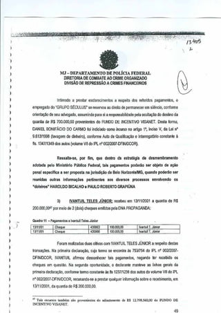 I
)
)
I
I
,,
,
I
,
,,,
)
I
)
)
)
)
I
)
I
I
I
,,
:" )
,
)
)
)
I
I
)
,,,,,
I
aMJ- DEPAR'J;'AMENTO DE POLicIAFEDERAL
D1RETORIA DE COMBATE AO CRIME DRGANIZADO
DIVISAo DE REPRESsAO A CRIMES FINANCEIROS
Intimado a preslar esclarecimeot{)s a respeilQ dos roferidos pagJmentos,0
empregado do "GRUPO St:GULUS" se reservou ao direito de fH'rmanecerem siiencio, conforme
onenlayao de seu advogado,assumindQ p~ra sia responsabilidade pela oculta~o do desune da
qUarllia de R$ 700.000,00 provenientes do FUNDO DE INCENTIVO VISANET.Desla forma,
DANIEL BONIFAcIO DO CARMO toi indiciado como incurso no artigo1', indso V, da Lei n'
9.61311900 (Iavagsm de dinheiro), conforme Auto de Qualificayao e InteITO!Jat6riClconstanle a
fts. 1347/1349 dos autos (volume VII doIPL flO ODZ/2007·DFINIDCOR).
Ressalte·se, por lim, que denlro da eslraUigia de desmembramento
adotada pela Ministerlo Publico F&daral, tais pagamentos poderao sar objeto de a~io
penal especlilca a serproposta na jurisdi~ao de BeloHorlzQnleJMG,quando poderllo ser
reunidas. outras infonna~oes pertinentes aos diverso! processos envolvendoos
"dolelros" HAROlDO BICAlHO e PAULO ROBERTOGRAPIUNA
3) IVANTUll TElES JUNIOR;recebeu em 13/1112001 a quaotia de R$
200,OOO,OD'1par meio de 2 (dois) cheques emifidos pel~DNA PROPAGANDA:
Qu.dro 11 _ P'(j>menlo •• Iv""tuilTerosJ~nlQr
1:3111/01 I CheQue I43()(Jfl3 l00_QQO,oo IVlInM T.Junior
11111101 I Cheque I 430006 100_000,00 t'lantu~ T. Junior
Foram realizRdas duas oitivas com IVA~.nUll TElES JUNIOR a respeito destas
transm;6es, Na primeira declara~~o. cujo termo se encontra as7531754 do IPL n' 002/2007-
DFINIDCOR, IVANTUIL afirmou desconhecer lais pagamentos, negando terrecebido os
cheques em questao, Na segunda opo~unidade,0 declarante manleve as linhas gerais da
primeira dectara<;ao,conforme term(} canstant& as ~s 123711238dos autos dovolume VII do IPL
nO 002l2007-DFINIOCOR, recusando-se a preslar qualquer informa<;aosobre 0 recebimento, em
13/11/2{)01, da quantia de R$200_000,00.
" To;' '"0""'0, "",bem ,,0 proven;,"!.. do .di,nj,ro'"to de RS 12.798560,00 do FONDOOB
INCENTIVO VISANET. '
49
 