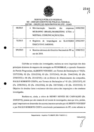 •
•
2540
SERVI<;:O PUBLICO FEDERAL
MJ - DEPARTAMENTO DE POLiciA FEDERAL
DICOR - GRUPO DE INQUERITOS DO STF GINQ-
08/2015 • Movimenta~â.o bancâria das empresas 2490/2502
MURANNO BRASIL/MARKETING LTDA e
MISTRAL COMUNICA<;:ĂO LTDA.
75/2015 • Registros de hospedagem no SLAVIERO 2502/2507
EXECUTIVE JARDINS.
SN/2015 • Receitas eleitorais do Diret6rio Nacional do PP na 2508/2513
ano de 2010.
Colhidas as versoes dos investigados, realizau-se nova inquiri<;â.o dos dois
principais delatores do esquema de corrup<;âo na PETROBRAS, o operador financeiro
do Partido Progressista, ALBERTO YOUSSEF, nos Termos de Declarac;6es n.o 01 (fis.
2327/2330), 02 (fis. 2331/2336), 03 (fis. 2337/2343), 04 (fis. 2344/2349), 05 (fis.
2350/2352) e 06 (fis. 2514/2518) e do ex-Diretor de Abastecimento da companhia,
PAULO ROBERTO COSTA, nos Termos de Declarac;6es n.o 01 (fis. 2353/2357), 02
(fis. 2358/2361), 03 (fis. 2362/2366), 04 (fis. 2367/2368) e 05 (fis. 2519/2522). O
Objetivo foi detalhar tatos e esclarecer duvidas acerca das imputa<;6es e das condutas
investigadas.
Realizou-se, ainda, a oitiva de HENRY HOYER DE CARVALHO (fis.
2369/2372), pessoa que nao consta do rol inicial de investigados, mas que teve, parern,
papel importante no desenrolar dos acontecimentos narrados por ALBERTO YOUSSEF
e por PAULO ROBERTO COSTA envolvendo parlamentares do PP, como adiante se
Requerimento . Inquerito n° 3.989/DF (RE n° 08/2015-1)
(ti
 