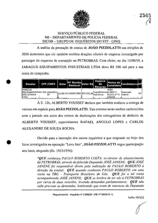 •
•
2565
SERVI<;:O PUBLICO FEDERAL
MJ - DEPARTAMENTO DE POLÎCIA FEDERAL
DICOR - GRUPO DE INQUERITOS DO STF - GINQ
A anaIise da presta<;âo de contas de JOAO PIZZOLATTI nas elei<;nes de
2010 demonstra que ele tambem recebeu doac;6cs oficiais de empresa investigada por
participar do esquema de corrup<;âo na PETROBRAS. Corn efeito, no dia 11/08/10, a
lARAGUĂ EQUIPAMENTOS INDUSTRIAIS LTDA doou R$ 500 miI para a sua
conta de campanha.
DoadQr CPF/CNPl Candidatura
Â fi. 126, ALBERTO YOUSSEF declara que tambem realizou a entrega de
valares em especie para JOĂO PIZZOLATTI. Tais eventos serao melhor esclarecidos
corn a juntada aos autos dos termos de dec1ara~6es dos entrcgadores de dinheiro de
ALBERTO YOUSSEF, especialmente RAFAEL ANGULO LOPES e CARLOS
ALEXANDRE DE SOUZA ROCHA.
Ouvido para a instruc;ăo dos DutroS inqueritos a que responde no bojo dos
fatos investigados na opera<;âo "Lava lato", JOAO PIZZOLATTI negou participa<;âo
nos fatos, alegando (fis. 1933/1936):
"QUE conheceu PA ULO ROBERTO COSTA, ex-diretor de abastecimento
da PETROBRAs, atraVl;s dofalecido Deputado JOSE JANENE; QUE JOSE
JANENE foi responsavel direto pela indicar;iio de PAULO ROBERTO il
direr;iio da estatal; QUE quando conheceu PA ULO ROBERTO, em uma
visita na TBG - Transporte Brasileiro de Cos; QUE foi a taI visita
acompanhando JOSE JANENE; QUE se lembra de ter ido il PETROBRAs
por cerca de duas ocasioes, levando demandas parlamentares; QUE năo
sabe precisar as demandas, lembrando que eram de interesse do Deputado
Requerimento - lnquerito n° 3.989/DF (RE n° 08/2015-1)
Folha 29/122
(V
 