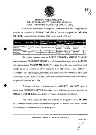 •
•
SERVl(;:O PUBLICO FEDERAL
MJ - DEPARTAMENTO DE POLÎCIA FEDERAL
DICOR - GRUPO DE INQUERITOS DO STF - GINQ
2571
(J
Corn efeito, O Sistema de Prestac;ăo de Contas Eleitorais do TSE registra duas
doa,oes da construtora QUEIROZ GALVÂO il conta de campanha de NELSON
MEURER, nas dias 26/08 e 10/09 de 2010, totalizando R$ 500 miI.
CPF/CNPJ andidatura
12.792/0001- 26/08/10 11000147824250,000 00Transferencia NElSON Deputado
60 ' eletronlCa MEURER Federal
1. -~~~-.",I
Os e-mails trocados entre ALBERTO YOUSSEF e OTHON ZANOIDE
demonstram que ALBERTO YOUSSEF teve efetiva participa,iio no aparte dos R$ 500
mii il campanha de NELSON MEURER. Prova disso e que ha ainda um outro e-mail,
datado de 22 de outubro de 2010, acostado il fI. 111, sobre o qual ALBERTO
YOUSSEF, uma vez indagado, respondeu que "estel enviando a OTHON ZANOJDE
o endere,o de NELSON MEURER, para que a construtora enviasse o documento
original de doa,iio" (fI. 107).
E improvavel que a interlocu,iio de ALBERTO YOUSSEF junto il
construtara QUEIROZ GALVĂO, inclusive corn a indicac;ăo de dados pessoais de
NELSON MEURER, fosse algo feito il revelia do parlamentar investigado.
Niio s6 nas elei,oes de 2010, mas tambem nas eJei,oes de 2014, NELSON
MEURER recebeu doac;6es de empresas investigadas, via diret6rio nacianal do partida.
Essas doac;6es tambem merecem ser investigadas:
Requerimento - Inquerito n° 3.989/DF (RE n° 08/2015-1)
Folha 35/122
 