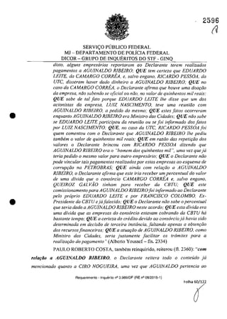 •
•
2596
SERVIC;O PlJBLICO FEDERAL
MJ - DEPARTAMENTO DE POLiCIA FEDERAL
DICOR - GRUPO DE INQUERITOS DO STF - GINQ
dis/o, alguns empresarios repar/aram 00 Declarante (erern realizados
pagamentos o AGUJNALDO RIBElRO; QUE tem certeza que EDUARDO
LEITE, da CAMARGO CORREA, e, salva engano, RlCARDO PESSOA, da
UTC, disseram haver dada dinheiro a AGUJNALDO RIBEIRO; QUE no
casa da CAMARGO CORREA, o Declarante afirma que houve uma doar;ăo
da empresa, năo sabendo se oficial ou niio, no va/or de quinhentas mii reais;
QUE sabe de tai Jato porque EDUARDO LEITE lhe disse que um dos
acionistas da empresa, LU1Z NASCJMENTO, teve uma reuniăo corn
AGUJNALDO RIBEIRO, a pedido do mesmo,' QUE estes Jatos ocorreram
enquanto AGUJNALDO RIBEIRO era Ministro dos Cidades; QUE năo sabe
se EDUARDO LE/TE participau da reuniâo ou se foi informado dos fOlOS
por LUJZ NASCfMENTO; QUE, no casa da UTC, RlCARDO PESSOA Joi
quem comentou corn o Declarante que AGUJNALDO RIBEIRO lhe pediu
tambem o va/ar de quinhentos mii reais; QUE em roziio dos repetifăo dos
va/ores o Declarante brincou corn RICARDO PESSOA dizendo que
AGUJNALDO RIBEIRO era o "homem dos quinhentos mii ", uma vez queja
Ieria pedido o mesmo va/or para ou/ro empresario; QUE o Declarante năo
pode vincular tais pagamentos realizados por estas empresas 00 esquema de
corrup<;ăo na PETROBRAS; QUE ainda corn rela<;âo a AGUJNALDO
RlBEIRO, o Declarante afirma que este iria receber um percentual do valor
de uma divida que o consarcio CAMARGO CORREA e, salvo engano,
QUEIROZ GAL VAO tinham para receber da CBrU; QUE este
comissionamento para AGUINALDO RlEEIROJoi inJormado ao DecIaranle
pela propria EDUARDO LEITE e por FRANCISCO COLOMBo. Ex-
Presidente da CErU ejaJalecido; QUE o Declarante noo sabe o percenlual
que seria dada a AGUINALDO RIBEIRO neste acorda; QUE esta divida era
uma divida que as empresas do consarcio eslavam cobrando da CBTU ha
bastanle tempo; QUE a cerleza do credito devido ao consarcio ja havia sido
determinada em decisiio de terceira instância, Jaltando apenas a obten9iio
dos recursosfinanceiros; QUE a atua,âo de AGUfNALDO RlBEIRO, coma
Ministro das Cidades, seria justamente Jacilitar os trâmites para a
realiza<;âo do pagamento" (Albcrto Yousscf - fis, 2334)
PAULO ROBERTO COSTA, tambem reinquirido, reiterou (112360): "corn
relofiio o AGUJNALDO RIBEIRO, o Declarante reitera todo o conteuda ja
mencionado quanto a CIRO NOGUElRA, uma vez que AGUINALDO pertencia ao
Requerimento - Inquerito n° 3.989/DF (RE n° 08/2015-1)
Folha 60/122
(
(V
 