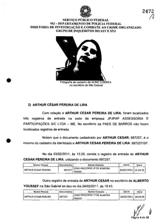 •
•
2472
SERVI<;:O PimLICO FEDERAL
MJ - DEPARTAMENTO DE POLiclA FEDERAL
DIRETORlA DE INVESTlGA<;:ĂO E COMBATE AO CRIME ORGANIZADO
GRUPO DE INQUERITOS DO STF E STJ
Foiog;;ifiide cadastro de
no escrit6rio da Sâa Gabriel
2) ARTHUR CESAR PEREIRA DE LIRA
Com rela~o a ARTHUR CESAR PEREIRA DE LIRA, Ioram localizados
tr;;s registros de entrada na sede da empresa JPJPAP ASSESSORIA E
PARTICIPA<;OES SIC LTDA - ME. No escrit6rio da PAES DE BARROS nao Ioram
localizados registros de entrada.
Notem que o documento cadastrado por ARTHUR CESAR, 687257, e o
mesmo do cadastro da identidade e ARTHUR CESAR PEREIRA DE LIRA: 687257/SP.
No dia 03/02/2011, as 13:20, consta o registro de entrada de ARTHUR
CESAR PEREIRA DE LIRA, utilizando o documento 687257.
-
Nome Pessoa Documenta Nome Visitado DATA Hora..
ARTHUR CESAR PEREIRA 687257
JOAD PROCQPIO J P DE AlMEIDA
PRADO
03/02/2011 13:20:35
Outro registro de entrada de ARTHUR CESAR no escrit6ria de ALBERTO
YOUSSEF na Saa Gabriel se deu no dia 24/02/2011, as 18:43.
--
Nome Pessoa Documenta Nome Visitado DATA Hora.. -
ARTHUR (ESAR PEREIRA 687257
JOAO PROCDPID J P DE ALMEIDA
24/02/2011 18:43:05
PRADO
(J
 