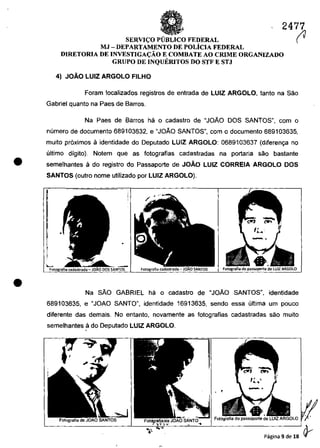 2477
SERVIC;:O PUBLICO FEDERAL (J
MJ - DEPARTAMENTO DE POLicIA FEDERAL
DIRETORIA DE INVESTIGAC;:ĂO E COMBATE AO CRIME ORGANIZADO
GRUPO DE INQUI':RITOS DO STF E STJ
4) JOÂO LUIZ ARGOLO FILHO
Foram localizados registros de entrada de LUIZ ARGOLO, tanto na Sao
Gabriel quanto na Paes de Barros.
Na Paes de Barros ha o cadastro de "JOAO DOS SANTOS", com o
numero de documento 689103632, e "JOAO SANTOS", com o documento 689103635,
muito proximos il identidade do Deputado LUIZ ARGOLO: 0689103637 (diferen"" no
ultimo digito). Notem que as fotografias cadastradas na portaria saa bastante
• semelhantes il do registro do Passaporte de JOĂO LUIZ CORREIA ARGOLO DOS
SANTOS (outro nome utilizado por LUIZ ARGOLO).
• Na sAa GABRIEL ha o cadastro de "JOAO SANTOS", identidade
689103635, e "JOAO SANTO", identidade 16913635, sendo essa ultima um pouco
diferente das demais. Ne entanto, novamente as fotografias cadastradas saa muito
semelhantes il do Deputado LUIZ ARGOLO.
Pagina 9 de 18 ~
 
