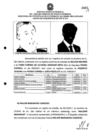 •
•
SERVI<;:O PUBLICO FEDERAL
248/J
M.I - DEPARTAMENTO DE POLicIA FEDERAL
DIRETORIA DE INVESTIGA<;:ĂO E COMBATE AO CRIME ORGANIZADO
GRUPO DE INQUERITOS DO STF E STJ
, / ~c.~ '
p
~
t ;'
I,
(
Jna da Săo Gabriel
Apresentamos planilha corn os 3 registros de entrada no escrit6rio da Av.
Săo Gabriel. juntamente com os registres pr6ximos as entradas de NELSON MEURER
e de FABIO CORREA DE OLlVEIRA ANDRADE NETO (filho do Deputado PEDRO
CORREA) no dia 261051201. bem como os registros conjuntos de ROBERTO
TEIXEIRA com PEDRO CORREA e JOĂO PIZZOLATI no dia 1410612011 .
.... .. , ..._- ..
NomePessoa Il,,, NomeVlsitado DATA Hora
ROBERTO RIBE1RO .. 1659284 RAFAElANGULO LOPEZ 03/05/2011. 9:47
NELSON MEURER 7043198 FERNANOO MENDON<;A 26/05/2011 10:27
FABIO CORREA DE Ol1VEIRA ANDRADE 3488205 FERNANOQ MENDON<:A 26/05/2011 10:58.. .. _...
RQSERTO RIBEIRO 1659284.. RAFAEl ANGUlO lOPEl 26/05/2011 10:58
PEDRO DASILVA CORREA DE QUVEIRA ANDRADE JOAO PROCOPIO J P DE ALMEIDA
NETO 559448 PRADO 14/06/2011 11:31
..
ROBERTO RIBEIRO 1659284 RAFAEl ANGUlO lOPEZ 14/06/2011 11:31
JQAO PROCOPIO J P DE ALMEIDA
JOAO PIZZOOLATIE 755407 PRADO 14/06/2011 11:32
10} WALDIR MARANHĂO CARDOSO
Foi encontrado um registro de entraaa. dia 0211212011. no escrit6rio da
JPJPAP da Av. Sao Gabriel de um individuo cadastrado como "WALDRIR
•MARANHAP'. O documento apresentado (2746544420041) e a fotografia cadastrada
săo compativeis com as do Deputado Federal WALDIR MARANHĂO CARDOSO.
(10'Pagina 17 de 18
•
 