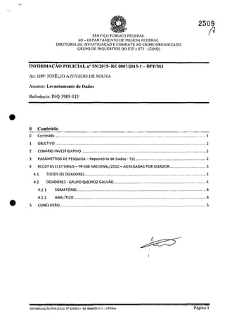 •
•
SERVI<;O pUBLIca FEDERAL
MJ - DEPARTAMENTO DE POLiCIA FEDERAL
DIRETORIA DE INVESTIGA<;ÂO E COMBATE AO CRIME ORGANIZADO
GRUPO DE INQUERITOS DO STF e STJ - (GINQ)
INFORMA«;:ĂO POLICIAL n" SN/2015- RE 0007/2015-1 - DPF/MJ
Ao: DPF JOSELIO AZEVEDO DE SOUSA
Assunto: Levantamento de Dados
Referencia: INQ 3989-STF
o Contetido
2509
~
o Conteudo .............................................................................................................................................1
1
2
OBJETIVQ ............................................................................................................................................2
CENĂRIO INVESTIGATIVQ ...................................................................................................................2
3 PARÂMETROS DE PESQUISA - Repositerio de Dados - TSE .................................................................. 2
4 RECEITAS ELEITORAIS - PP-DIR NACIONALj2010 - AGREGAOAS POR DOADOR .................................. 3
4.1 T0005 OS 00ADORE5 .................................................................................................................. 3
4.2 DOADORES - GRUPO QUEIROZ GALVĂO.......................................................................................4
4.2.1
4.2.2
SOMAT6RIO ..........................
ANALITICO .............................
..............4
..............4
5 CONCLUSĂO ..........................................................................................................................................5
[NFORMAr:;ĂO POLiCIAL W SNI20[S- RE 0008120[5-[ - DPF/MJ Pagina 1
 
