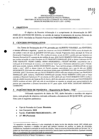 .'
•
SERVIC;:O PUBLICa FEDERAL
MJ - DEPARTAMENTO DE POLiclA FEDERAL
DIRETORIA DE lNVESTIGAC;::ĂO E COMBATE AO CRIME ORGANIZADQ
GRUPQ DE INQUERlTOS DO STF e STJ - (GINQ)
I OBJETIVO
25~
o objetivo da Presentc informar;:ăo eo cumprimento de detenninar;:ăo do DPF
JOSELIO AZEVEDO DE SOUSA, no sentido de realizar levantamento de receitas eleitorais do
ano de 2010. vinculadas ao Diret6rio Nacional do PARTIDO PROGRESSISTA (PP).
2 CENĂRIO INVESTIGATIVO
Em Termo de Declara,oes de n' 04, prestadas por ALBERTO YOUSSEF, em 02/07/2015,
o mesmo afirmou o seguinte: "quando dos conversas corn PAULO ROBERTO COSTA acerca da dooţ{Jo dos
sete mi/hiles e meio de reais da QUEIROZ GALViO para o Partido Progressisla (tema abordado do Terma de
Dec/ararties Complementar n. O07, fis. 105), receheu do mesmo, no ano de 2010, o pedido para que repassasse 00
Direr6rio Nacional do PP a quontia de doi.s milhOes de reois; QUE PAULO ROBERTO COSTA disse ao Declaronte
que receheu tol pedido do emtlo Presidente do PP FRANC/SCO DORNELLES; QUE as demais Uderanqas do PP,
JOĂO P1ZZ0LA7TJ, PEDRO CORREA, M.4RIO NEGROMONTE e NELSON MEURER, concordaram corn a
rea!izar,..tlo de tai destinaqtlo de recursos, a ser aba/ido do "caixa" que o Dedarante administrava para o Partida;
QUE nes/a ocasitlo, indusive, MARIO NEGROMONTE disse: "isso eare bom porque o DORNELLES năo vai mais
encher o saco"; QUE os demais Lideres do Partida presentes concordaram cam o que foi dUo por MARJO
NEGROMONTE; QUE estes dois milhoes de reaisforom obtidosjunto il QUE/ROZ GALVAO, na pessoa de OTHON
ZANOJDE; QUE () Declaran/e sabe que PAULO ROBERTO COSTA finha uma relar;tlo proxima cam FRANCISCO
DORNELLES; QUE, inclusi'e, FRANCJSCO DORNELLES convidou PAULO ROBERTO COSTA para se 101/(;0
candidata a Deplltado Federal pela PP, nas eleiq6es de 20J4; QUE sabe que PAULO ROBERTO COSTA receheu o
titulo de cidadiio honorario da Cidade do Rio de Janeiro; QUE niio sabe quem ar/ieu/ou para qlle PA ULO ROBERTO
COSTA recehesse tai tilulo; QUE ntlo sahe do envolvimenlo no esquema OI/ atuaqâo para operacionaliza-lo dos
pessoas qlle compllnham a eslrutura burocralica do PP, qllais sejam, ALDO ROSA, LEODGART DE..)KOSKI e
CEMBRANEL"
• 3 PARÂMETROS DE PESQUISA - Repositario de Dados - TSE'
Utilizando reposit6rio de dados do TSE, dados baixados e reunidos ern arquivo
unico, corn gerayao de relatarios realizada utilizando a ferramenta de BI QLIKVIEW, aplicarnos
filtro corn os seguintes parâmetros:
• Tipo de Prestador de Contas: Diretorio
• Ano Campanha: 2010
• Partida: PARTIDO PROGRESSISTA - PP
• UF: BR (Nacional)
1 O repositerio de dados eleîtorais e uma compila~ăo de dados brutos das elei!;oes desde 1945 voltada para
pesquisadores, imprensa e cidadăos em geral que tenham interesse em analisar os dados de eleitorado,
candidaturas, resultados e presta~ăo de contas das elei!;oes. Todos os arquivos fornecidos estăo em formato "txt" e
podem ser importados para qualquer programa estatistico, base de dados ou planiJha eletrânica. Qualquer consulta,
filtro ou
[NFORMAc;ÂO POLlC[AL Ne SN12015- RE 0008120[5-[ - J)PF/MJ Pagina 2
 