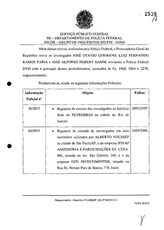 •
•
SERVI<;:O PUBLICO FEDERAL
Ml - DEPARTAMENTO DE POLICIA FEDERAL
DICOR - GRUPO DE INQUERITOS DO STF - GlNQ
253~
Alem dessas oitivas, realizadas pela PoHcia Federal, a Procuradoria-Geral da
Republica ouviu os investigados JOSE OTAvIO GERMANO, LUIZ FERNANDO
RAMOS FARIA e JOSE ALFONSO HEBERT HAMM, enviando il Policia Federal
DVD corn a grava~ao desses procedimentos, acostados as fis. 1968, 2064 e 2270,
respectivamente.
Produziram-se, ainda, as seguintes Informagâes Policiais:
]nforma~ăo Objeto Folhas
Policia) D°
26/2015 • Registros de entrada dos investigados no Edifîcio 2095/2107
Sede da PETROBRAS na cidade do Rio de
Janeiro
66/2015 • Registros de entrada de investigados em dois 2469/2486
escrit6rios utilizados por ALBERTO YOUSSEF
na cidade de Sao Paulo/SP, o da empresa lP1PAP
ASSESSORIA E PARTICIPA<;:6ES SIC LTDA-
ME, situada na Av. Sao Gabriel, 149, e o da
empresa GFD INVESTIMENTOS, situado na
Rua Dr. Renata Paes de Barros, 778, Itaim
Requerimento - Inquerito n° 3.989jDF (RE n° 08/201 5-1)
Folha 3/122
 