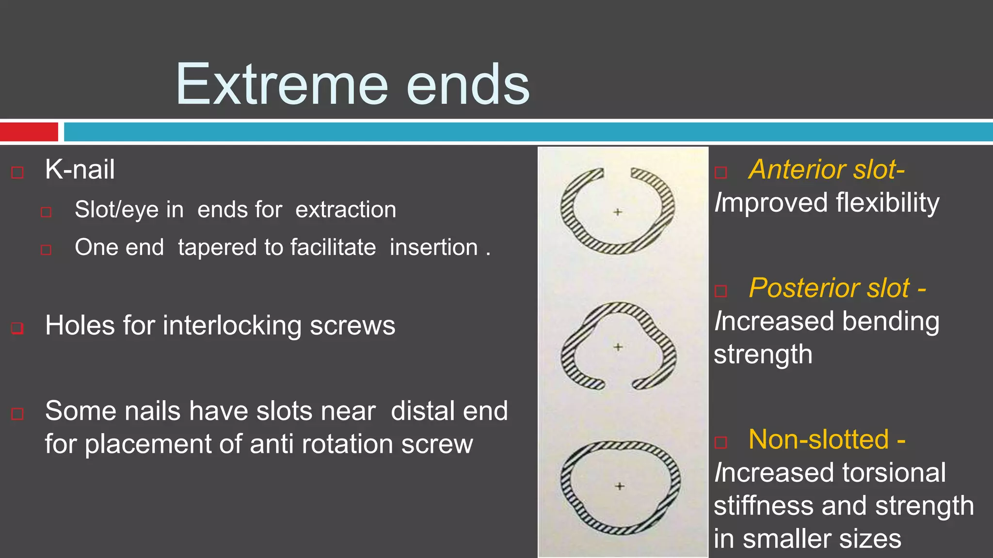 Extreme ends
 K-nail
 Slot/eye in ends for extraction
 One end tapered to facilitate insertion .
 Holes for interlocking screws
 Some nails have slots near distal end
for placement of anti rotation screw
 Anterior slot-
Improved flexibility
 Posterior slot -
Increased bending
strength
 Non-slotted -
Increased torsional
stiffness and strength
in smaller sizes
 