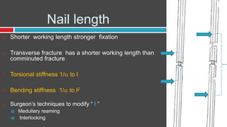 Nail length
 Shorter working length stronger fixation
 Transverse fracture has a shorter working length than
comminuted fracture
 Torsional stiffness 1/ to l
 Bending stiffness 1/ to l2
 Surgeon’s techniques to modify “ l ”
 Medullary reaming
 Interlocking
 