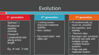 Evolution
1st generation
 Splints(1˚)
 Rotational
stability
minimal
 Closed fit
 Longitudinal slot
along entire
length
 Eg –K nail , V nail
2nd generation
• Locking screw -
improved rotational
stability
• Non- slotted.
• Eg-russel taylor nail,
delta nail
3rd generation
• Fit anatomically as
much as possible
• Aid insertion and
stability
• Titanium alloy
• Eg-trigen nail, universal
femoral nail nails with
multiple curves
,multiple fixation
systems
• Tibial nail with
malleolar fixation
 