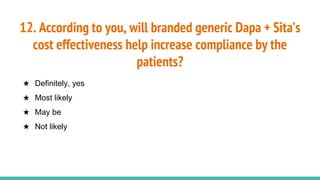 12. According to you, will branded generic Dapa + Sita’s
cost effectiveness help increase compliance by the
patients?
★ Definitely, yes
★ Most likely
★ May be
★ Not likely
 