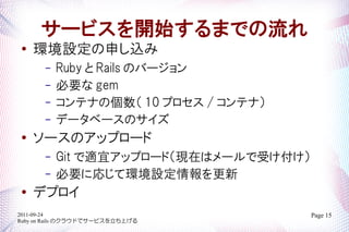 `ӥ_ʼޤǤ
   hOꤷz
       C   Ruby  Rails ΥЩ`
       C   Ҫ gem
       C   ƥʤ΂ 10 ץ / ƥʣ
       C   ǩ`٩`Υ
   `Υåץ`
       C   Git m˥åץ`ɣFڤϥ`ܤ
       C   ҪˏꤸƭhO
   ǥץ
2011-09-24                              Page 15
Ruby on Rails Υ饦ɤǥ`ӥϤ
 