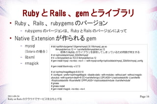 Ruby  Rails  gem ȥ饤֥

    Ruby  Rails  rubygems ΥЩ`
       C   rubygems ΥЩ`ϡ Ruby  Rails ΥЩ`ˤä

    Native Extension  gem
       C   mysql            # ldd /opt/lib/ruby/gems/1.8/gems/mysql-2.8.1/lib/mysql_api.so
                                  libmysqlclient.so.12 => /usr/sfw/lib/libmysqlclient.so.12
           (Solaris Έ )            ˜ʤ MySQL Υ饤֥դƤޤäƤ뤿ᆖ}k
                            # cd /opt/coolstack/mysql_32bit/lib/mysql/
       C   libxml           # ln -s libmysqlclient.so.16.0.0 libmysqlclient.so.12
                            # gem install mysql --no-rdoc --no-ri -- --with-mysql-config=/opt/coolstack/mysql_32bit/bin/mysql_config
       C   rmagick
                            # gem install libxml-ruby -v 0.7.0

                            # cd /var/tmp/ImageMagick-6.6.6-10
                            # ./configure --prefix=/opt/ImageMagick --disable-static --with-modules --without-perl --without-magick-
                            plus-plus --with-quantum-depth=8 CC=/usr/sfw/bin/gcc LDFLAGS='-L/opt/coolstack/lib -L/usr/sfw/lib
                            -R/opt/coolstack/lib -R/usr/sfw/lib' CPPFLAGS='-I/opt/coolstack/include -I/usr/sfw/include'
                            # gmake
                            # gmake install
                            # gem install rmagick --no-rdoc --no-ri

2011-09-24                                                                                                                       Page 16
Ruby on Rails Υ饦ɤǥ`ӥϤ
 