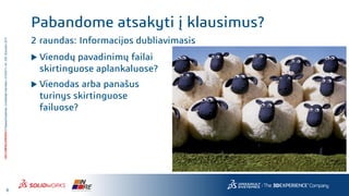 6
3DS.COM/SOLIDWORKS©DassaultSystèmes|ConfidentialInformation|4/10/2017|ref.:3DS_Document_2014
Pabandome atsakyti į klausimus?
2 raundas: Informacijos dubliavimasis
 Vienodų pavadinimų failai
skirtinguose aplankaluose?
 Vienodas arba panašus
turinys skirtinguose
failuose?
 