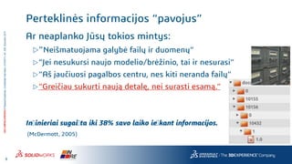 9
3DS.COM/SOLIDWORKS©DassaultSystèmes|ConfidentialInformation|4/10/2017|ref.:3DS_Document_2014
Perteklinės informacijos “pavojus”
Ar neaplanko Jūsų tokios mintys:
“Neišmatuojama galybė failų ir duomenų”
“Jei nesukursi naujo modelio/brėžinio, tai ir nesurasi”
“Aš jaučiuosi pagalbos centru, nes kiti neranda failų”
“Greičiau sukurti naują detalę, nei surasti esamą.”
Inžinieriai sugaižta iki 38% savo laiko iežkant informacijos.
(McDermott, 2005)
 