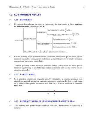 Matemáticas B – 4º E.S.O. – Tema 1 – Los números Reales                                                  3



1.2 LOS NÚMEROS REALES

4º    1.2.1 DEFINICIÓN

4º    El conjunto formado por los números racionales y los irracionales se llama conjunto
      de números reales y se designa por R.
                                                                              24
                                                     NATURALES (N) ⇒ 0 ; 4 ; 6 ; 81......
                               ENTEROS (Z)         
                                                    ENTEROS NO NATURALES ⇒ - 11 ; - 24 ; 3 − 8....
                                                    
                                                          (Enteros negativos)                4
                                                                                     3
                 RACIONALES (Q)                           Decimales exactos : 0,31 ; 4 ;......
      REALES (R)                                          
                                                                                          4
                                FRACCIONARIOS . ⇒ Decimales periódicos puros : ;7, 31;....
                                  (Racionales no enteros)
                                                                                            3
                                                                                                  )
                                                          Decimales periódicos mixtos : 7,3 1 .....
                                                          
                                                          
                 IRRACIONALES (I) ⇒ 2 ; - 3 ; 3 5 ; π; Decimales no periódicos .....
                 

4º    Con los números reales podemos realizar las mismas operaciones que hacíamos con los
      números racionales: sumar, restar, multiplicar y dividir (salvo por el cero) y se siguen
      manteniendo las mismas propiedades.

      También podemos extraer raíces de cualquier índice (salvo raíces de índice par de
      números negativos) y el resultado sigue siendo un número real. Eso no ocurría con los
      números racionales.

4º    1.2.2 LA RECTA REAL

4º    Si en una recta situamos un origen (el cero, 0) y marcamos la longitud unidad, a cada
      punto le corresponde un número racional o un número irracional. Es decir, a cada punto
      de la recta le corresponde un número real. Por eso, a la recta numérica la llamamos
      recta real.




4º    1.2.3 REPRESENTACIÓN DE NÚMEROS SOBRE LA RECTA REAL

4º    Todo número real puede situarse sobre la recta real, dependiendo de cómo sea el
      número:
 