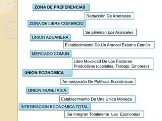 ZONA DE PREFERENCIAS
Reducción De Aranceles
ZONA DE LIBRE COMERCIO
UNION ADUANERA
MERCADO COMUN
UNION MONETARIA
INTEGRACION ECONOMICA TOTAL
UNION ECONOMICA
Se Integran Totalmente Las Economías
Establecimiento De Una Única Moneda
Libre Movilidad De Los Factores
Productivos (capitales, Trabajo, Empresa)
Armonización De Políticas Económicas
Establecimiento De Un Arancel Externo Común
Se Eliminan Los Aranceles
 