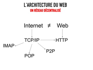 L'ARCHITECTURE DU WEB
          UN RÉSEAU DÉCENTRALISÉ



       Internet ≠            Web

       TCP/IP               HT...