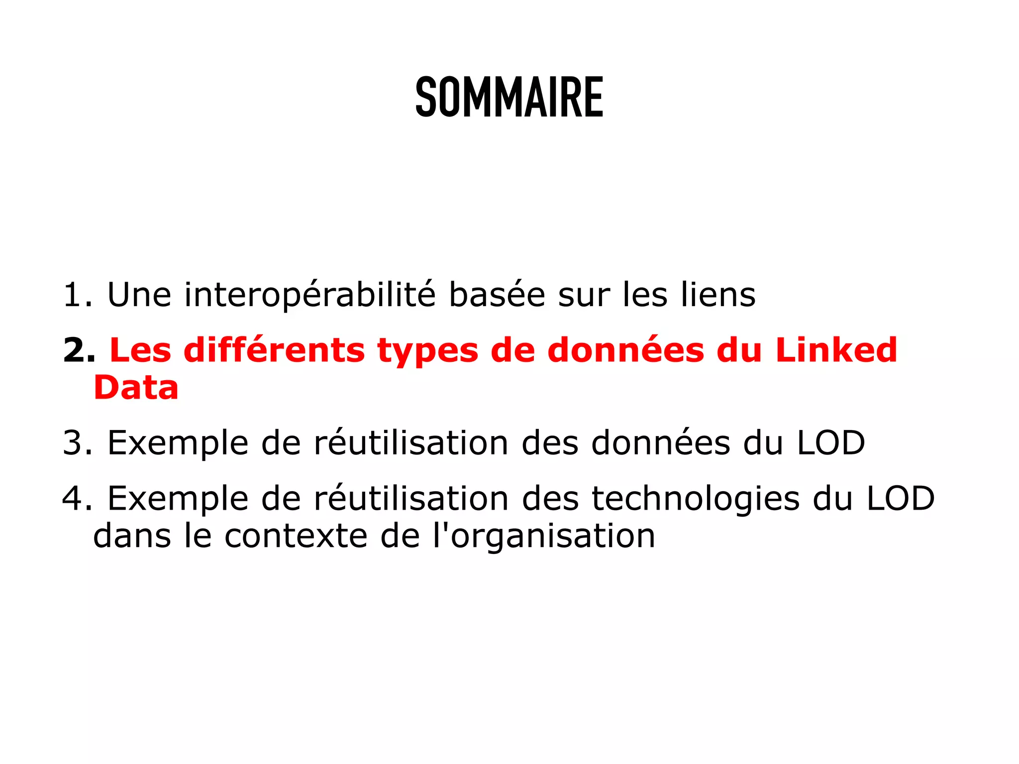 SOMMAIRE


1. Une interopérabilité basée sur les liens
2. Les différents types de données du Linked
  Data
3. Exemple de réutilisation des données du LOD
4. Exemple de réutilisation des technologies du LOD
  dans le contexte de l'organisation
 