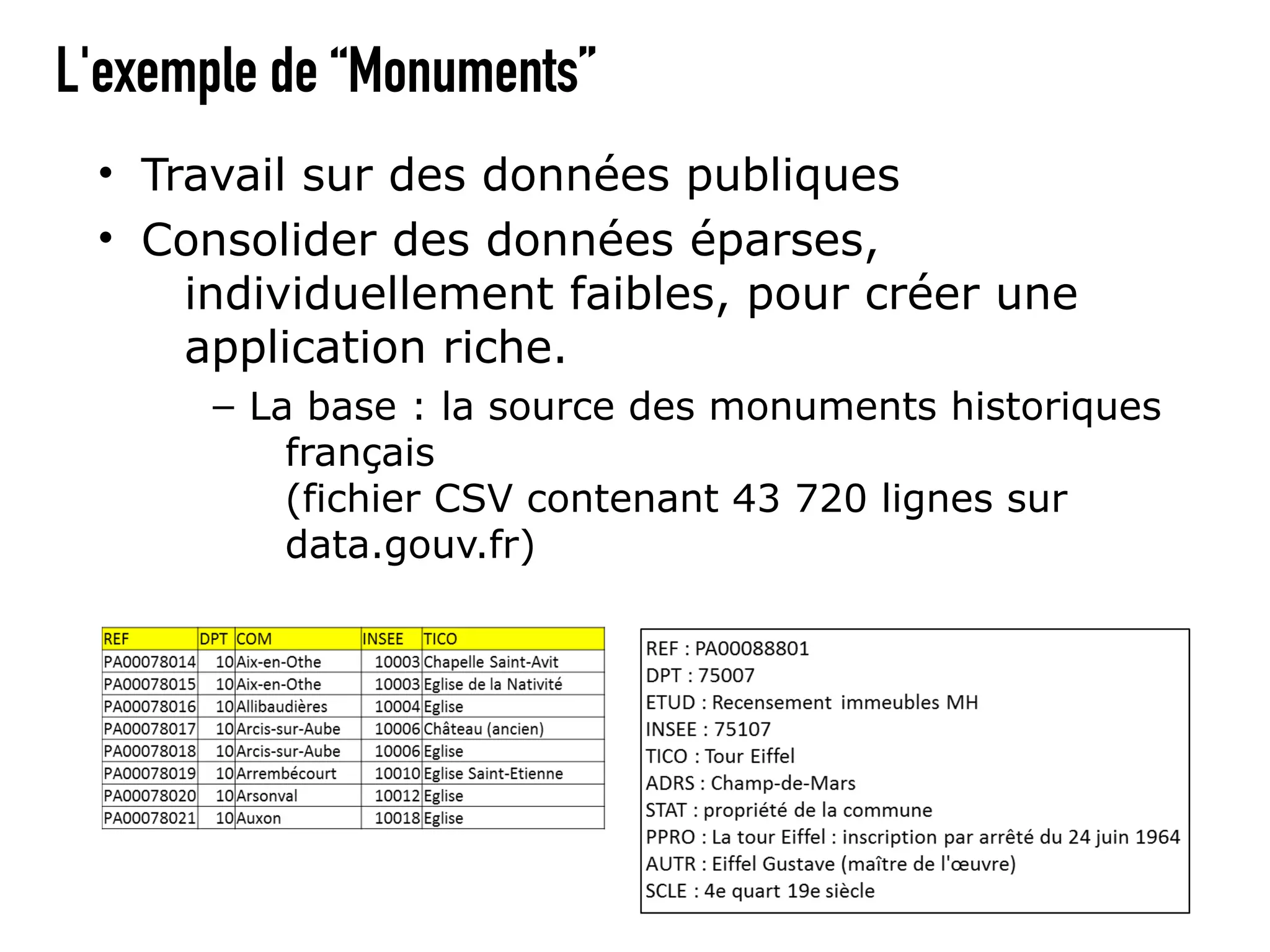 L'exemple de “Monuments”
 • Travail sur des données publiques
 • Consolider des données éparses,
     individuellement faibles, pour créer une
     application riche.
      – La base : la source des monuments historiques
          français
          (fichier CSV contenant 43 720 lignes sur
          data.gouv.fr)
 