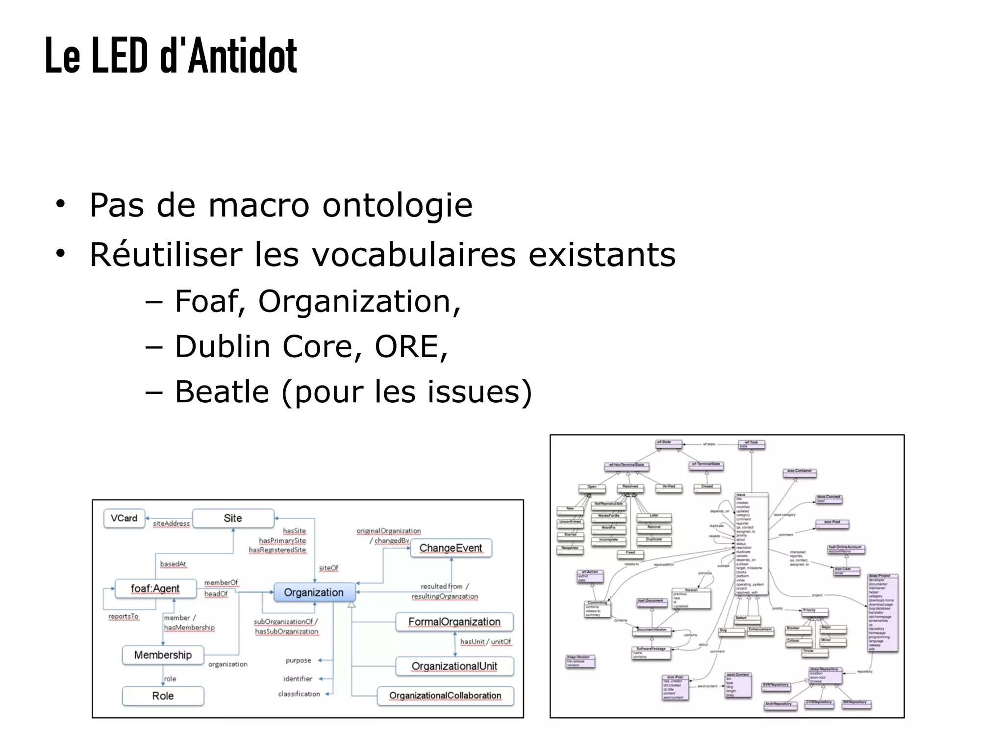 Le LED d'Antidot

• Pas de macro ontologie
• Réutiliser les vocabulaires existants
      – Foaf, Organization,
      – Dublin Core, ORE,
      – Beatle (pour les issues)
 
