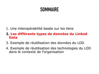 SOMMAIRE


1. Une interopérabilité basée sur les liens
2. Les différents types de données du Linked
  Data
3. Exemple de réutilisation des données du LOD
4. Exemple de réutilisation des technologies du LOD
  dans le contexte de l'organisation
 