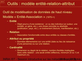 2.3
      Outils : modèle entité-relation-attribut

  Outil de modélisation de données de haut niveau
  Modèle « Entité-Association » (1970->)
      – Entité
             – Objet pourvu d’une existence : un ou des individus (un auteur, une
               société, un gène, etc.), une chose concrète ou abstraite
               (publication, pays, etc.), un événement (facture, manifestation, etc.).
      – Relation
             – Association fonctionnelle entre deux entités ou classes d’entités.
      – Attribut ou propriété
             – Données élémentaires sur une entité (date ou lieu de naissance
               d’une personne) ou sur une relation.
      – Cardinalité
             – Dimension ou degré de la relation; nombre d'entités impliquées
               dans cette relation : une seule entité (réflexive), minimum (0 ou 1) et
               maximum (n).

  INRIA IST - Session introductive sur les métadonnées par Sylvie D
                                                29 Sept 2008 -
 
